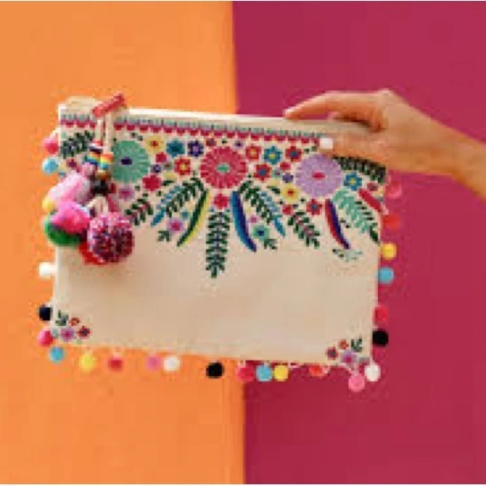Steven By Steve Madden Jyme Colorful Embroidered Pom Pom Clutch Pouch Natural